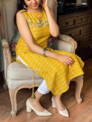 Women Embroidered Cotton Blend Straight Kurta  (Yellow)
