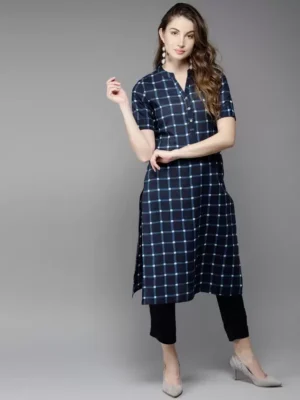 Women Checkered Crepe Straight Kurta  (Blue)