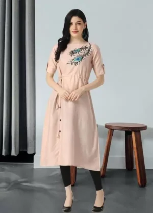 Step into elegance with this Women Printed Cotton Blend A-line Kurta in Pink.